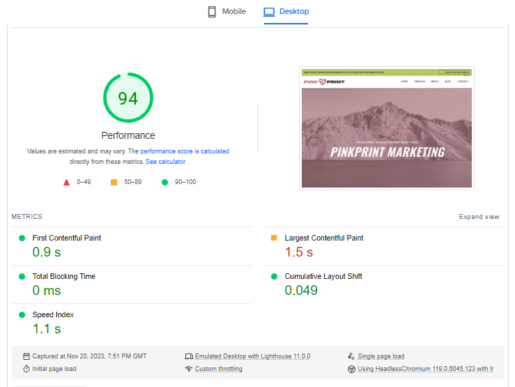 High Scoring Pagespeed Insights Report