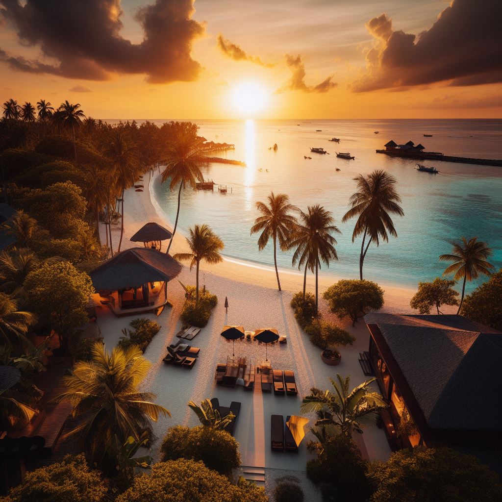 AI-generated image of sunset over a tropical destination with palm trees and a beach